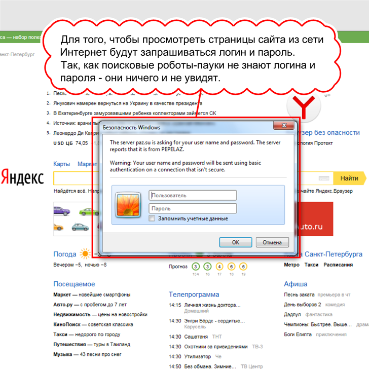 Скриншот запроса логина и пароля при попытке входа пользователя из сети Интернет на сайт